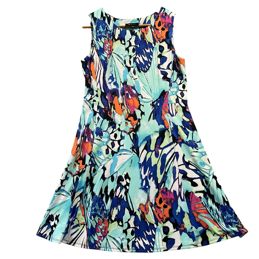 AB Studio Dress Women S Multicolor Butterfly Print Sleeveless Fit Flare‎ Beachy